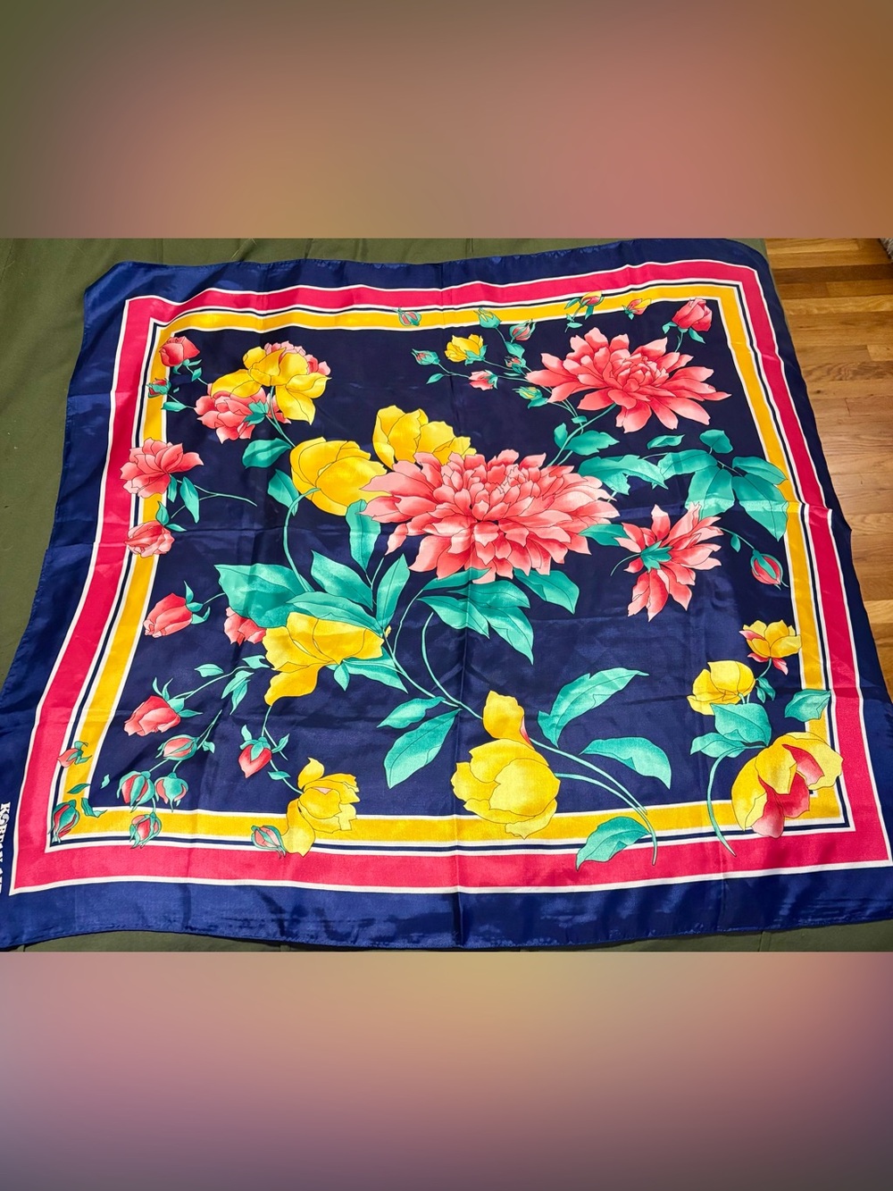 Korean Air Floral Navy Satan Square Scarf with Pink & Yellow Blooms